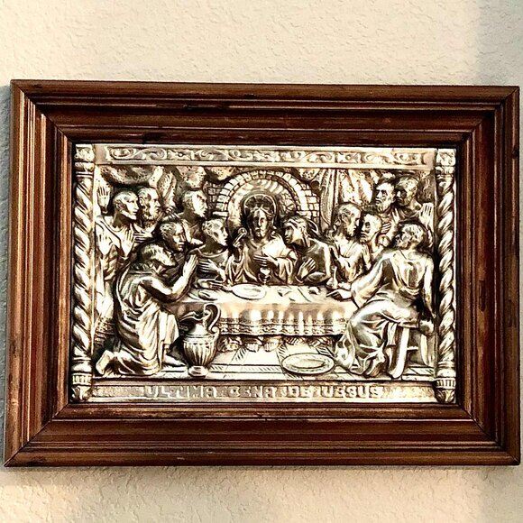 M.REGISTRADO Antique Framed Silver Repousse Relief Art Sculpture Last Supper 21" - Picture 6 of 10